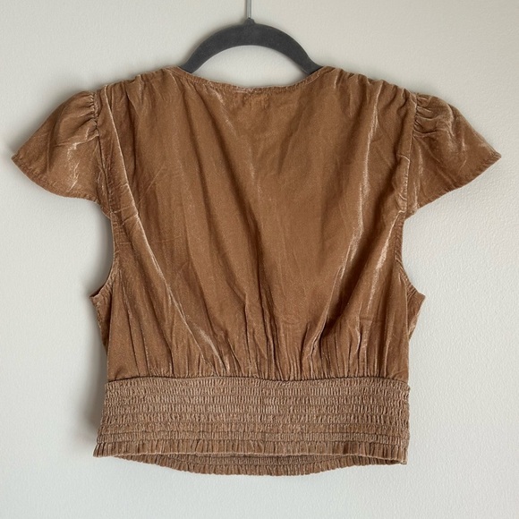 Aerie Womens Size Small Velvet Crop Top V-neck Camel Brown Gold Waist Smocking - Picture 4 of 6